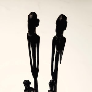 Vintage African Tribal Hand Carved Ebony Stick Figures Statue