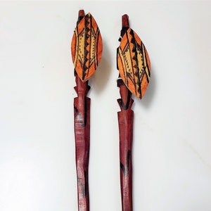 Vintage Set of 2 Hand Carved Wooden African Warriors with Shields Stakes