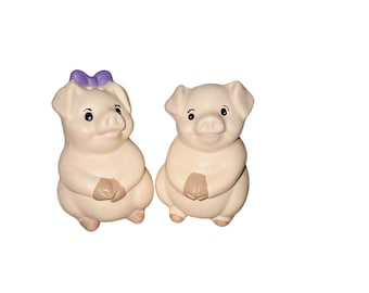 Vintage Ceramic Pig Salt and Pepper Shakers: Purple Bow Decor