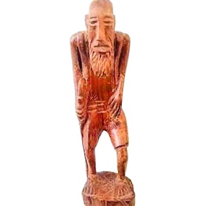 Vintage Hand-Carved Old Man with Walking Stick Figurine