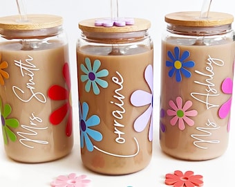 Teachers Gift Personalized Flower Tumbler, Custom Coffee Cup with Name, Glass Tumbler, Iced Coffee Mug with Glass Straw