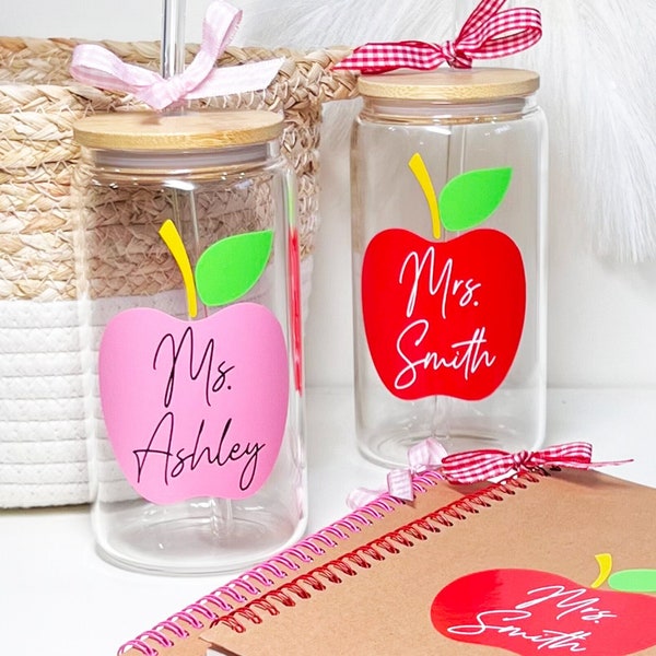 Teacher Glass Coffee Cup Gift Set with Matching Notepad, Teacher Gift, Personalized Tumbler with Glass Straw, Teacher Appreciation