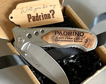 Cadeau de proposition de parrain, couteau de poche gravé Padrino de Godchild