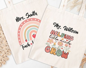 Teacher Tote Bag Custom, Personalized Teacher Appreciation Gift, Boho Rainbow, Helping Little Minds Grow