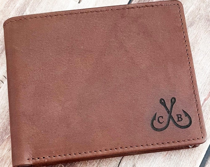 Gift for Man who Loves Fishing Genuine Leather Wallet with Fish Hooks Monogram