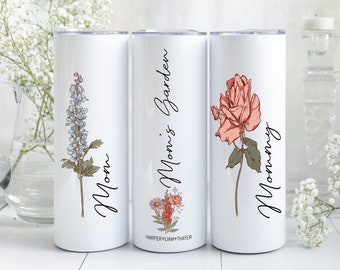 Custom Birth Flower 20oz Tumbler, Mother's Day Gift, Gift for Mom Personalized Cup with Mom's Garden and Kid's Names