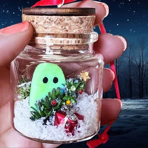 Spooky Christmas Ornament - Holiday Spirit Pet Ghost in a Bottle - Glows in the Dark