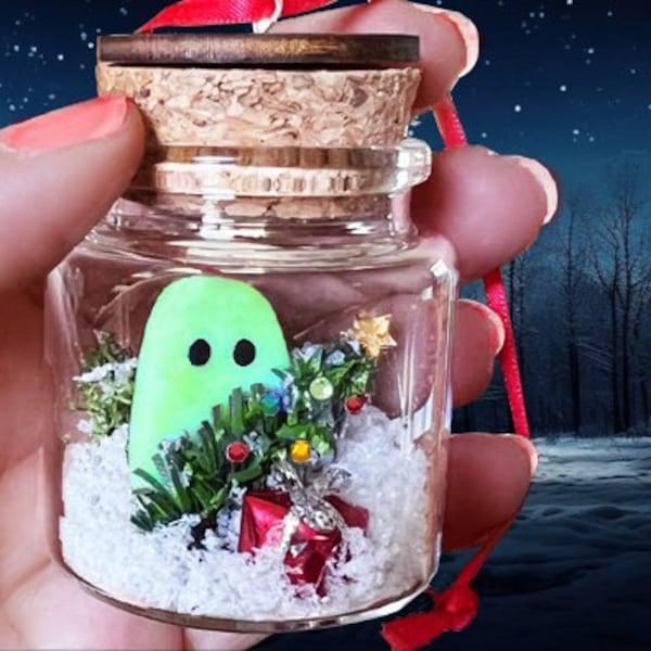 Spooky Christmas Ornament - Holiday Spirit Pet Ghost in a Bottle - Glows in the Dark