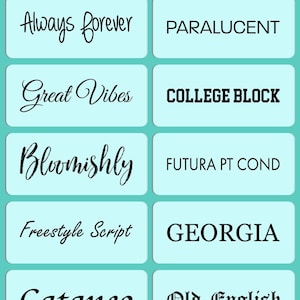 Peut inclure: Un graphique pr&eacute;sentant dix styles de polices diff&eacute;rents, chacun avec un exemple de phrase de texte. Les styles de polices incluent&nbsp;: Always Forever, Paralucent, Great Vibes, College Block, Bloomishly, Futura PT Cond, Freestyle Script, Georgia, Cataneo et Old English.