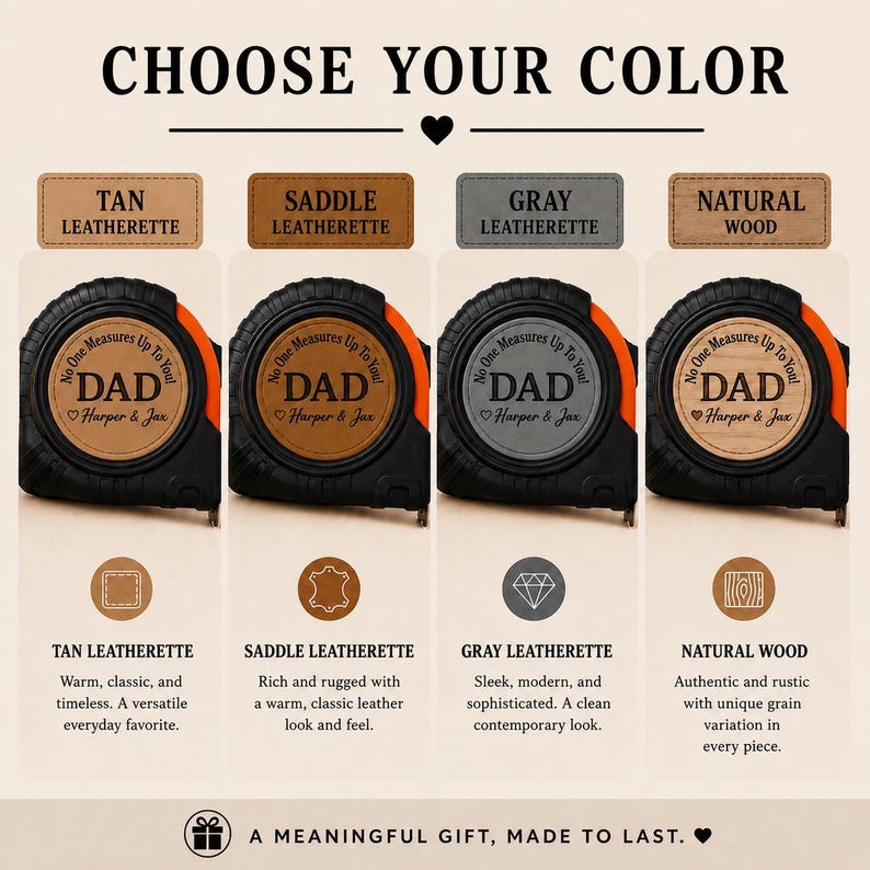 Puede incluir: Cintas m&eacute;tricas personalizadas en cuero sint&eacute;tico bronceado, cuero sint&eacute;tico marr&oacute;n, cuero sint&eacute;tico gris y madera natural. Cada cinta m&eacute;trica presenta el texto "DAD" y "No One Measures Up To You!" con el nombre "Harper & Jax".