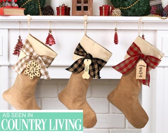 Farmhouse Christmas Stocking Personalized Burlap Linen