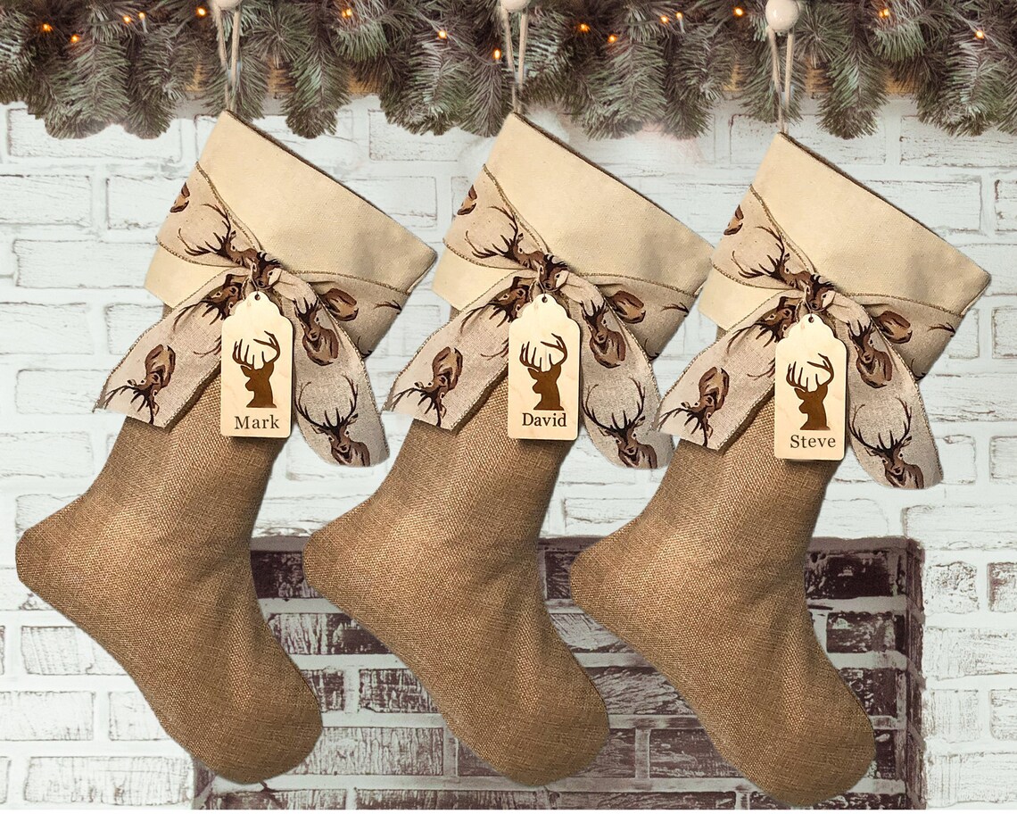 Christmas Stocking for a Man Deer Hunter Personalized Burlap Etsy
