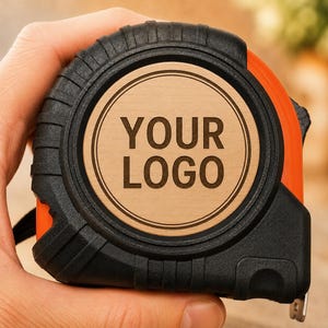 May include: A black and orange retractable tape measure featuring a circular center panel with a light brown finish. The text YOUR LOGO is printed in dark brown capital letters in the center of the circular panel, surrounded by two thin rings.
