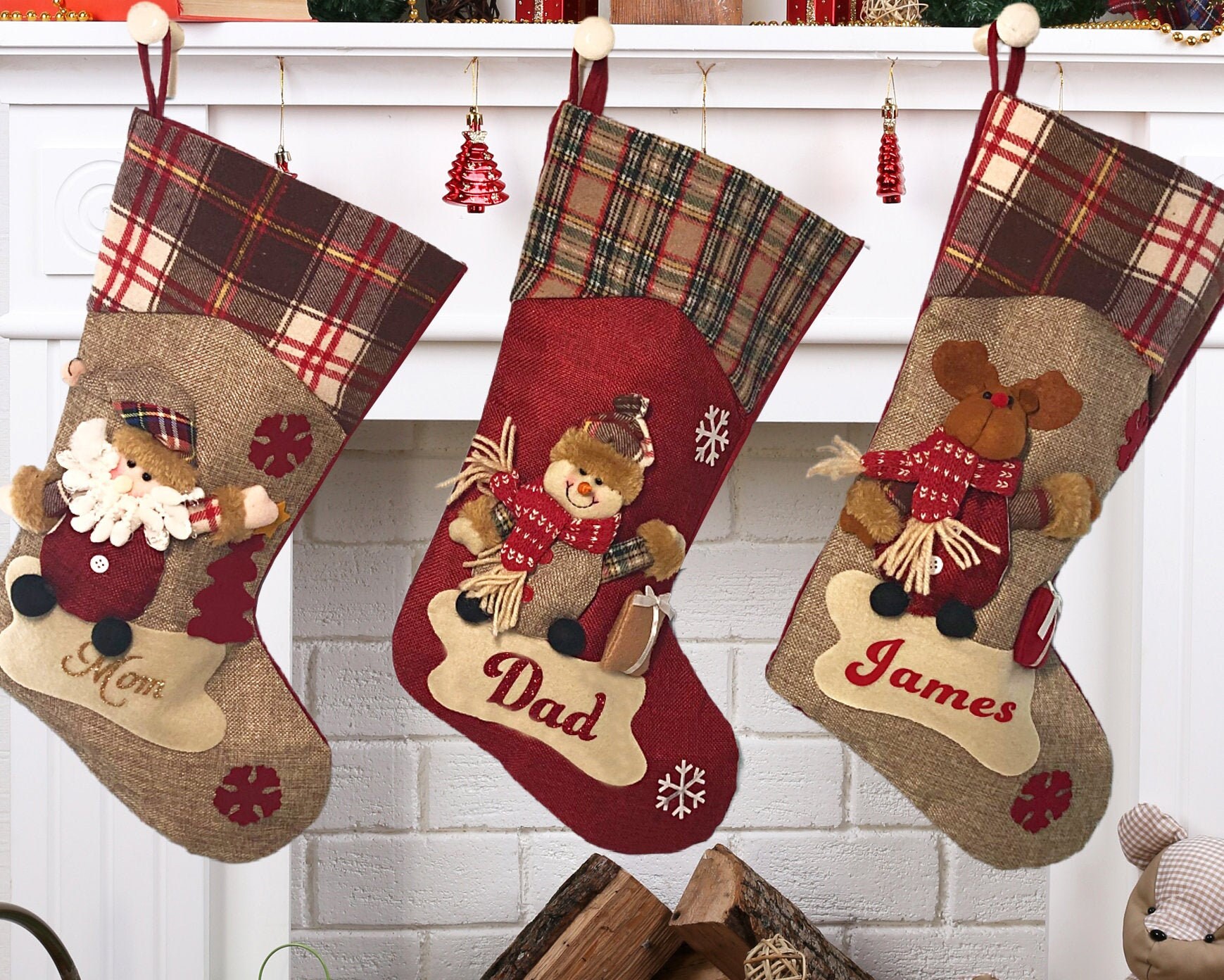 Farmhouse Christmas Stocking Personalized Burlap Snowman, Santa, Rein…