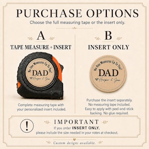 Puede incluir: Imagen que muestra dos opciones de compra: una cinta m&eacute;trica con un inserto personalizado y solo el inserto. La cinta m&eacute;trica es negra y naranja con el texto "DAD" en el inserto. El inserto tambi&eacute;n est&aacute; disponible por separado.