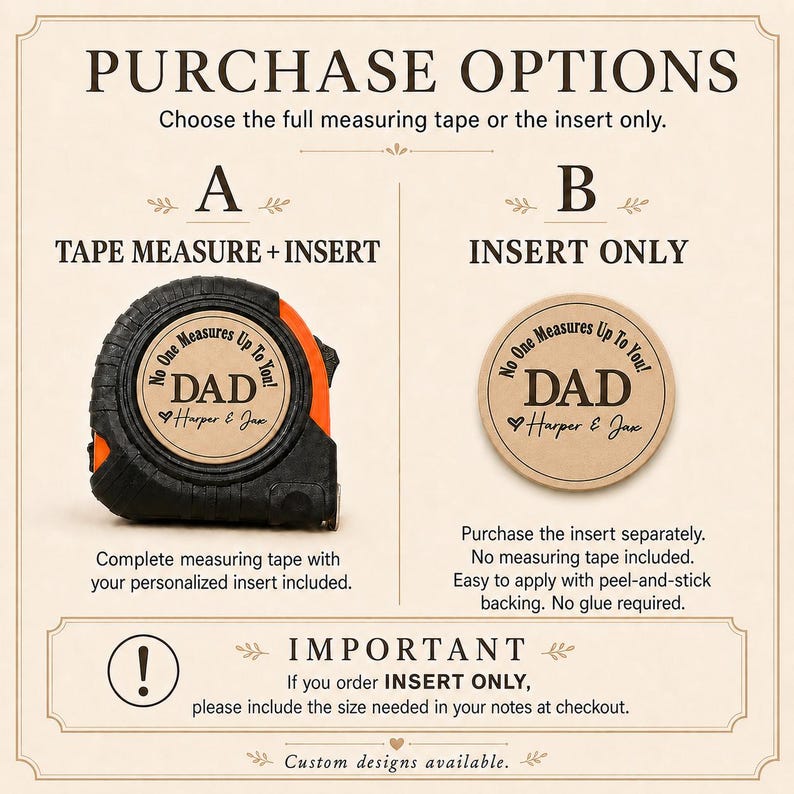 Puede incluir: Imagen que muestra dos opciones de compra: una cinta m&eacute;trica con un inserto personalizado y solo el inserto. La cinta m&eacute;trica es negra y naranja con el texto "DAD" en el inserto. El inserto tambi&eacute;n est&aacute; disponible por separado.