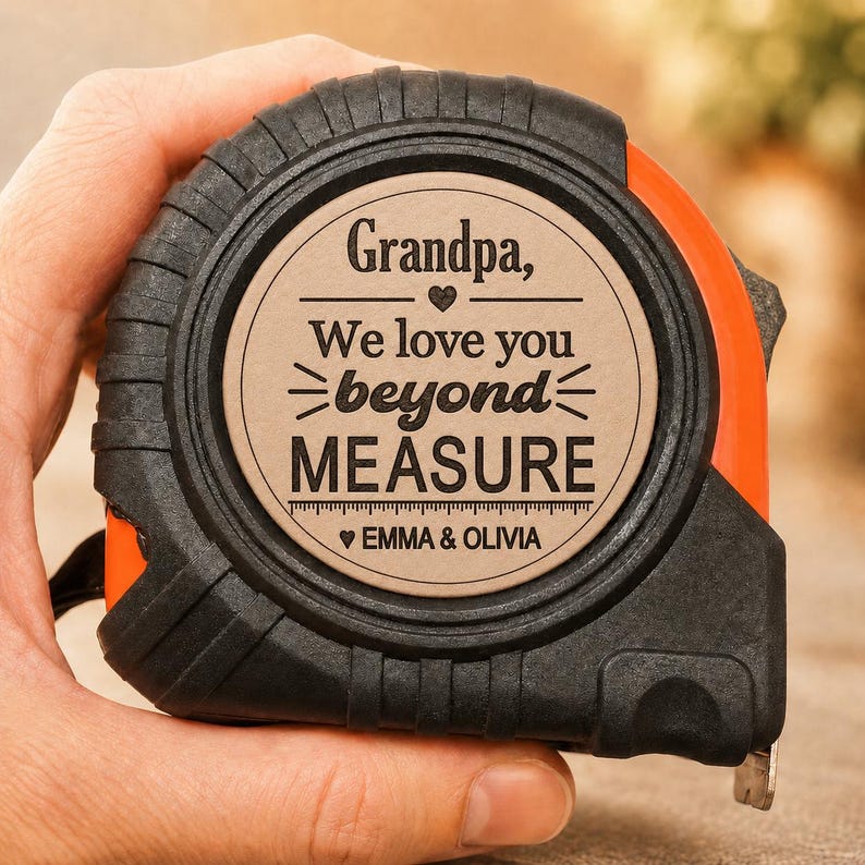 Puede incluir: Cinta m&eacute;trica negra y naranja con el texto "Grandpa, We love you beyond MEASURE" y los nombres "Emma & Olivia". La cinta m&eacute;trica se sostiene en una mano.