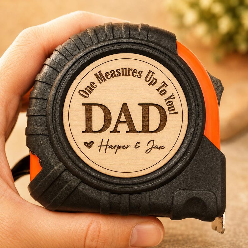 Puede incluir: Un flex&oacute;metro naranja y negro con un centro de madera. El centro de madera est&aacute; grabado con la palabra "DAD", los nombres "Harper & Jax" y la frase "One Measures Up To You!"