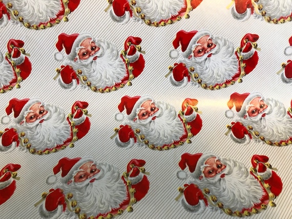 Vintage 1950s Christmas Wrapping Paper Gift Wrap Santa With Children [A}