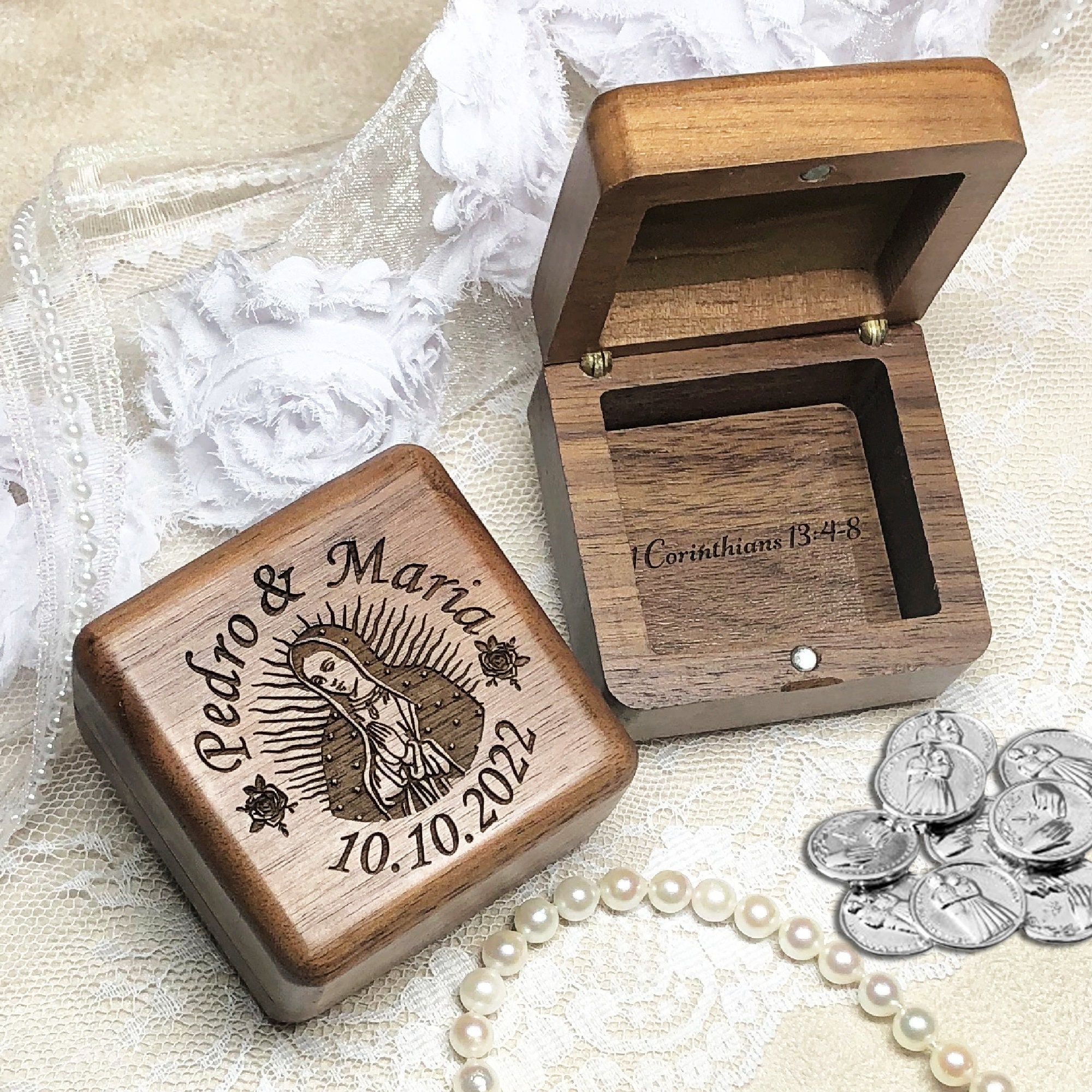 Premium Arras de Boda catholic wedding coins with La Virgen on Wooden Box  ultra unity coins or arras de matrimonio golden with our lady of guadalupe