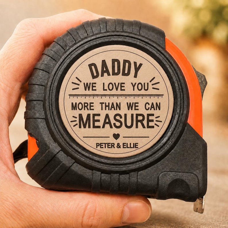 Puede incluir: Cinta m&eacute;trica negra y naranja con el texto "DADDY WE LOVE YOU MORE THAN WE CAN MEASURE" y los nombres "PETER & ELLIE" impresos en una etiqueta circular de color canela. La cinta m&eacute;trica est&aacute; sujeta en una mano.