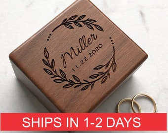 Custom Walnut Wedding Ring Box: Suede Velvet Interior, Engraved Design