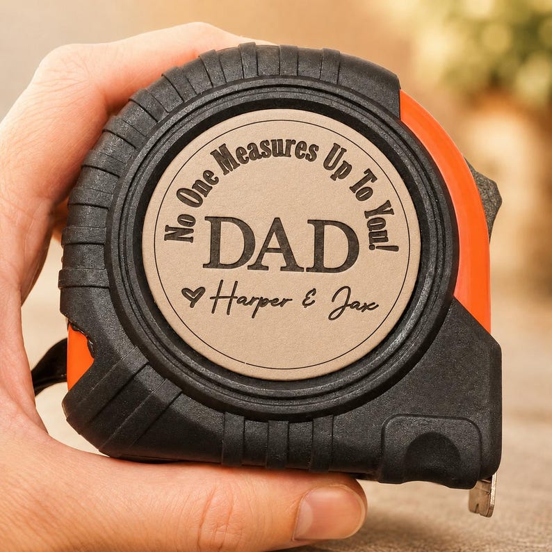 Puede incluir: Cinta m&eacute;trica negra y naranja con el texto "No One Measures Up To You!" y "DAD" con un s&iacute;mbolo de coraz&oacute;n y los nombres "Harper & Jax". La cinta m&eacute;trica est&aacute; en una mano.