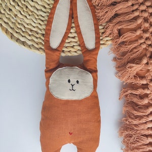 Handmade yellow linen cute bunny with embroidery image 5