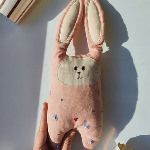 Handmade linen cute bunny decor pillow with embroidery flowers image 1
