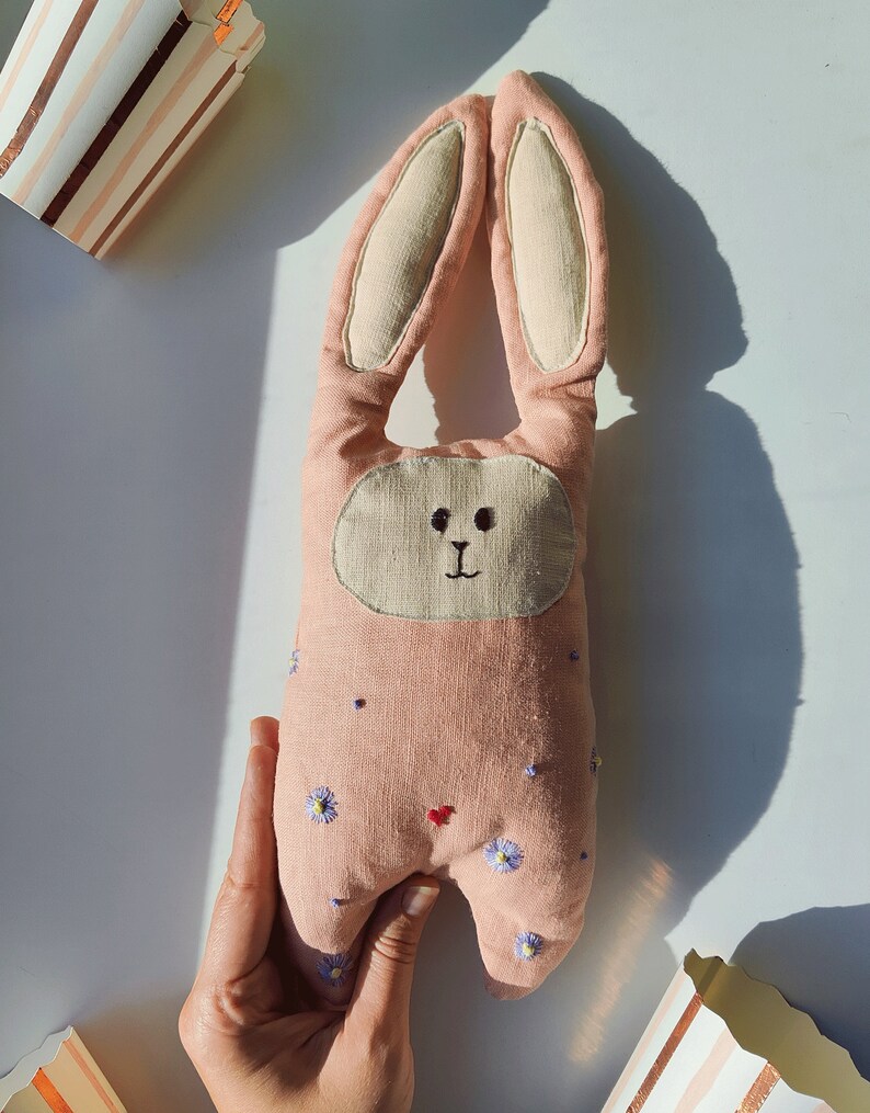 Handmade linen cute bunny decor pillow with embroidery flowers image 1