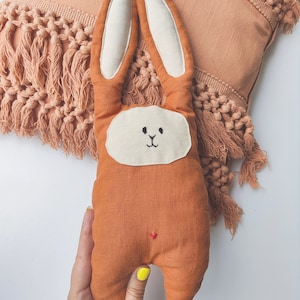 Handmade yellow linen cute bunny with embroidery image 1