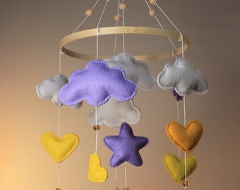 Mobile pour lit de bébé, mobile pour bébé, mobile pour bébé neutre, mobile nuage, mobile lune, mobile monochrome, décoration de chambre de bébé, décoration nuage, jaune