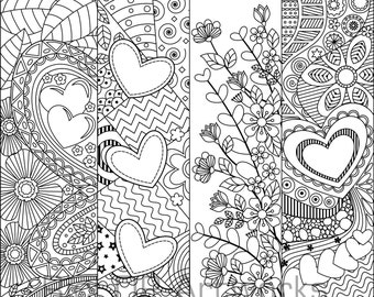 Set Of 8 Coloring Bookmarks With Hearts Art Doodles For Valentines Day Digital Download
