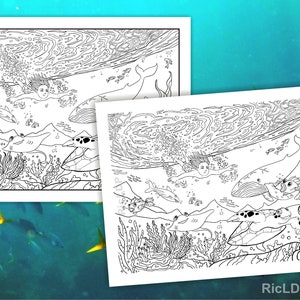 Two Under-the-Sea Coloring Pages Hand Drawn Doodles Boy swimming Whale, Shark, Stingray, Fishes, Turtle & Corals Digital downloads image 2