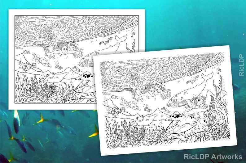 Two Under-the-Sea Coloring Pages Hand Drawn Doodles Boy swimming Whale, Shark, Stingray, Fishes, Turtle & Corals Digital downloads image 2