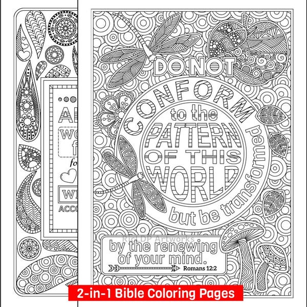 Two Bible Coloring Pages - Romans 8 28 and 2 12 - Scripture Coloring Sheets - Christian Doodles - Paisley Design - Digital Download