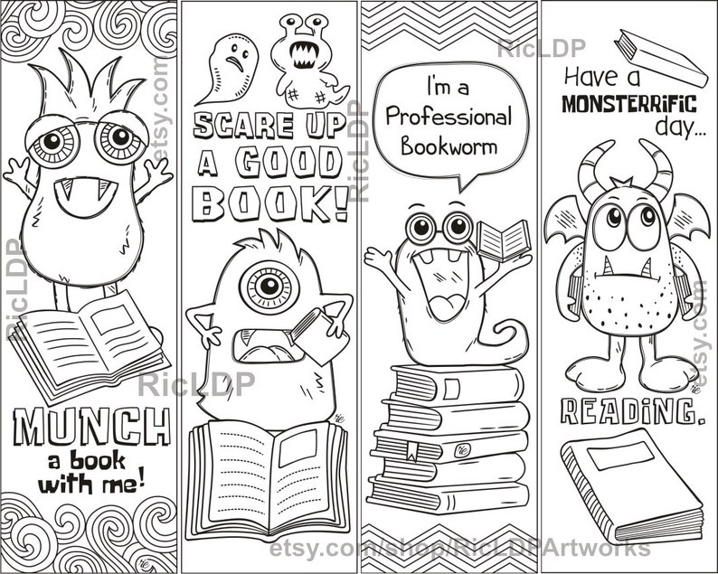 set of 8 coloring bookmarks with monster drawings cute etsy
