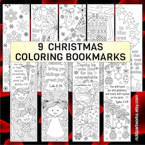 9 Christmas Coloring Bookmarks, Bible Verse Ornaments, Angel Baby Jesus Star Snowflake Tree, Sunday School Holiday Craft Sheet Pattern