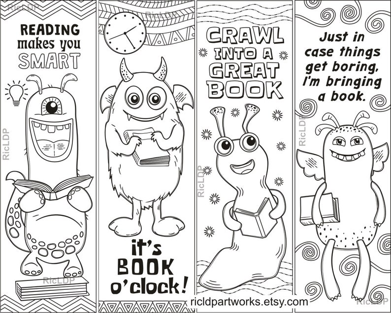 Alien Monster Coloring Bookmarks, Funny Flying Creature Marker, Wacky