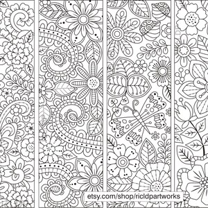 the first four designs of zentangle flower coloring bookmarks
