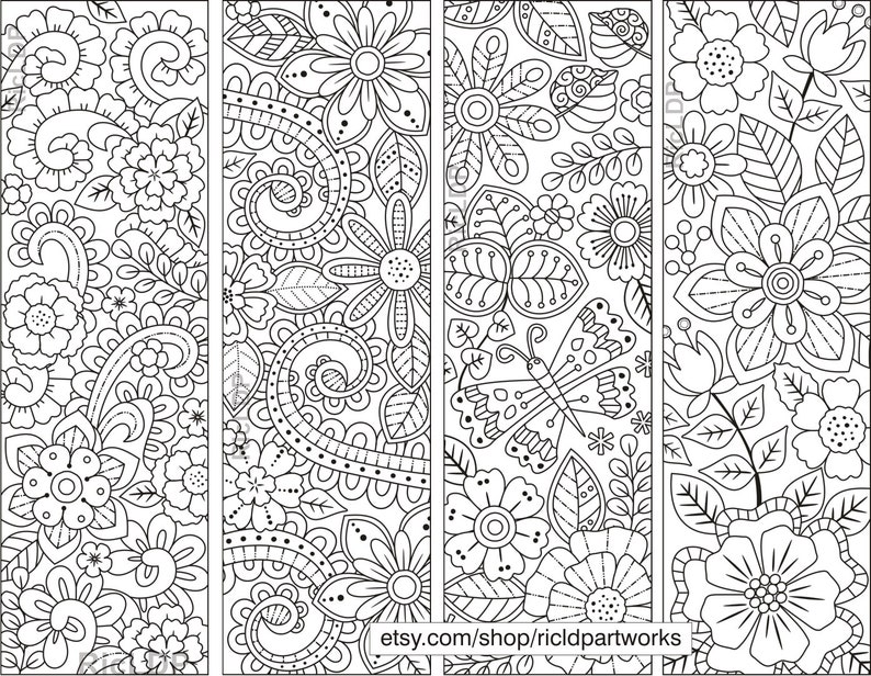the first four designs of zentangle flower coloring bookmarks