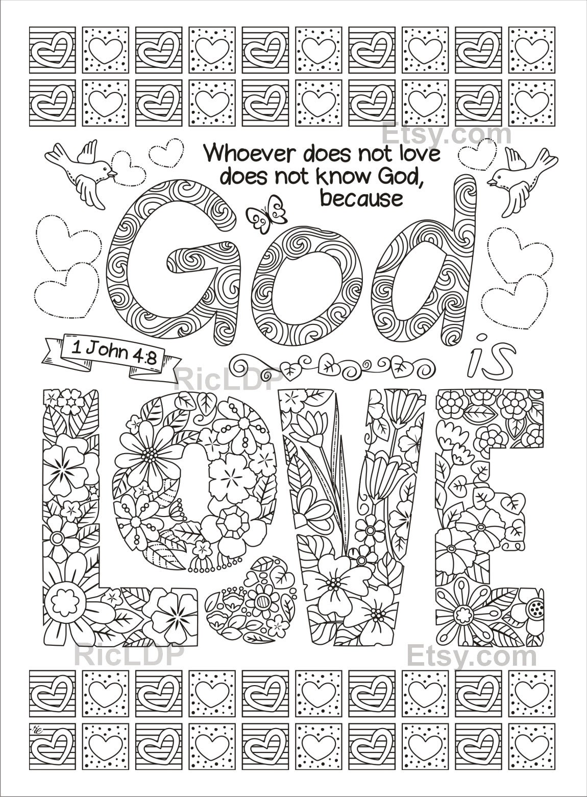Set of 2 Bible Coloring Pages 1 John 4 8 &amp; Jeremiah 31 3 - Etsy
