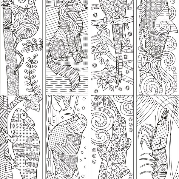 Cute Animal Coloring Bookmarks - Chameleon, Walrus, Catfish, Shrimp, Tarsier, Wolf, Parrot, Shark Line Arts - Digital Download