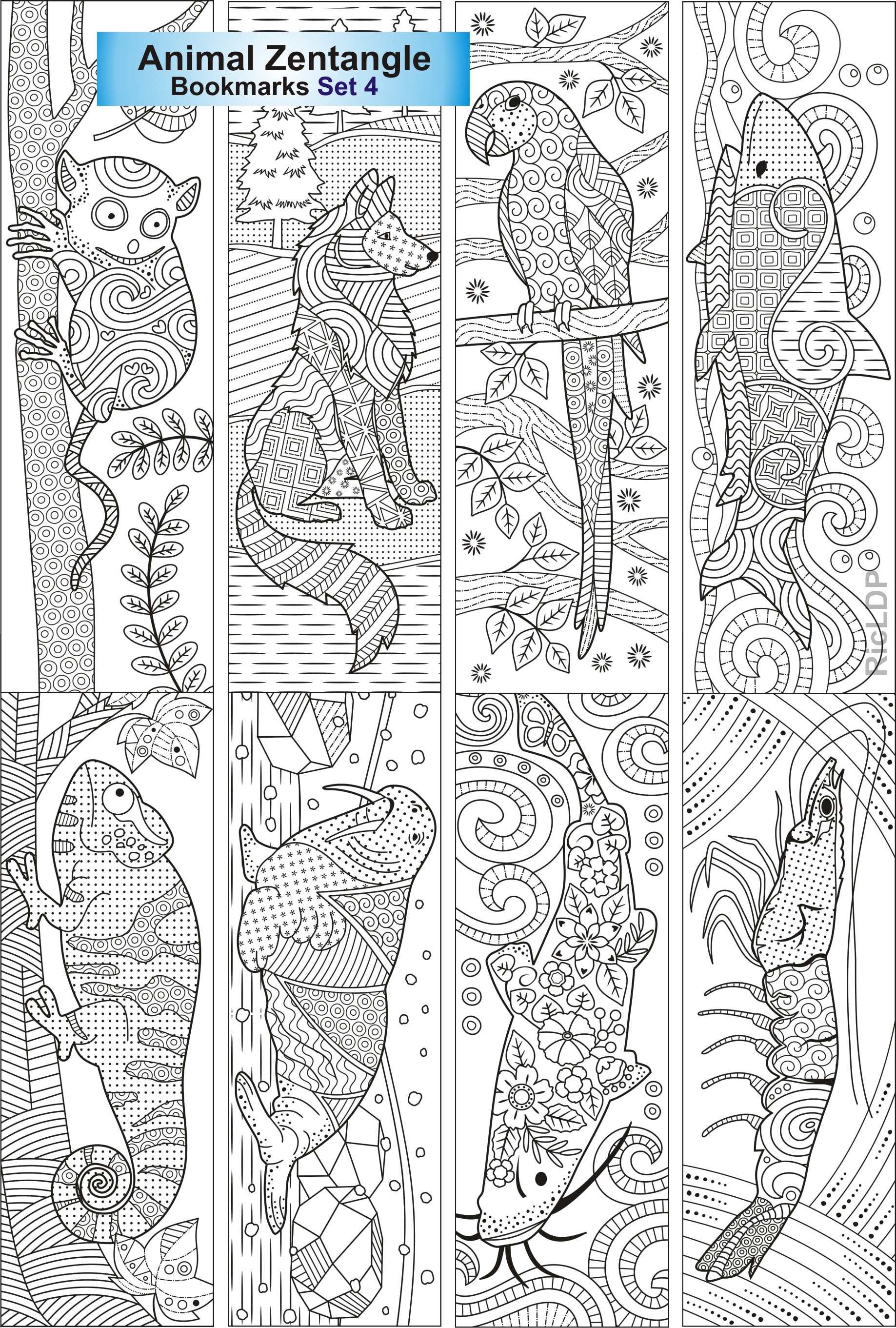 Set of 8 Animal Zentangle Coloring Bookmarks Bear, Kangaroo, Meerkat, Sea  Horse, Duck, Squirrel, Lizard Drawings Digital Download 