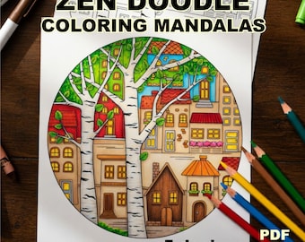5 Zen Doodle Coloring Mandalas, Fun Cityscape Floral Kawaii Cat Line Art Sheets, Mindful Abstract Relaxation Hobby Craft Page, DIY PDF