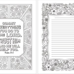 以下が含まれることがあります： 黒と白の塗り絵。花柄のデザインと聖書の引用文「あなたがするすべてを主にお任せしなさい。彼を信頼しなさい。そうすれば、彼はあなたを助けてくれるでしょう。詩篇37:5」