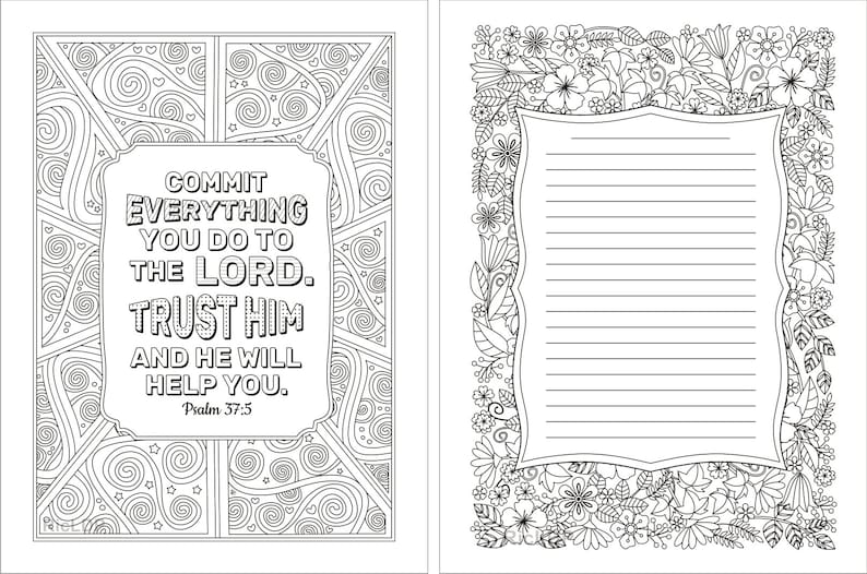 以下が含まれることがあります： 黒と白の塗り絵。花柄のデザインと聖書の引用文「あなたがするすべてを主にお任せしなさい。彼を信頼しなさい。そうすれば、彼はあなたを助けてくれるでしょう。詩篇37:5」