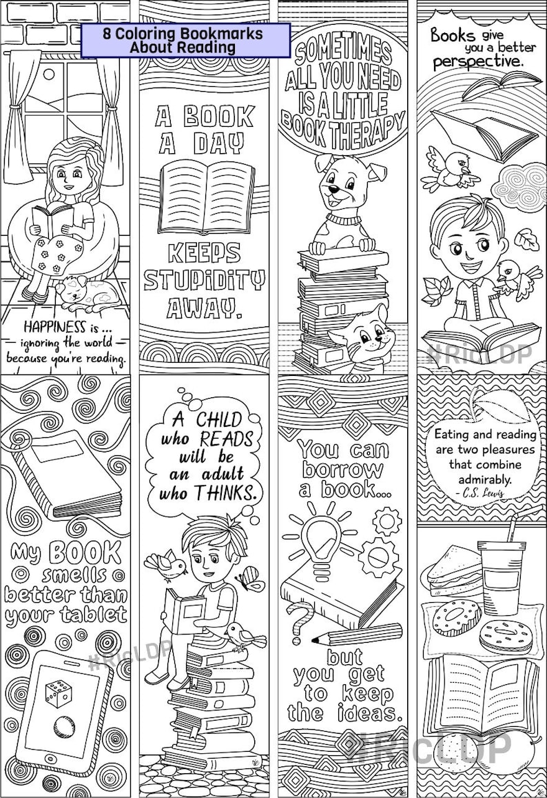 set of 8 coloring bookmarks about books and reading cute