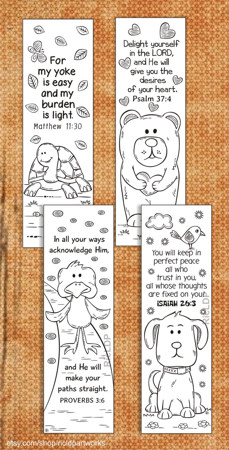 Four Bible Coloring Bookmarks With Animals Scripture Arts Matthew 11 30