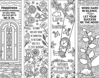 8 Coloring Bookmarks with Feel Good Quotes; Marker Templates; Cute Boy Girl Drawings; Digital Download